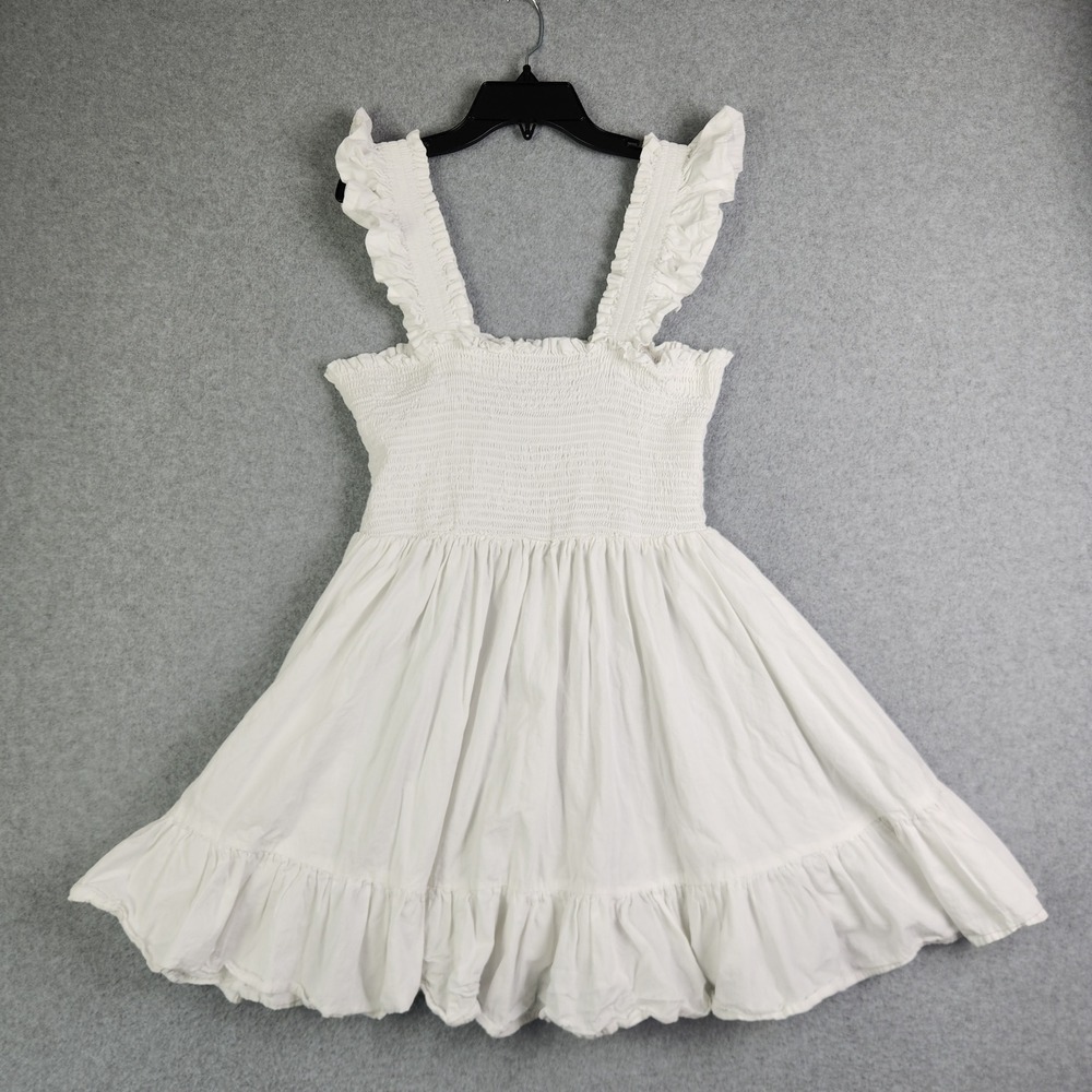 Thread Story Mini Dress Womens L White Cotton Boho Smocked Ruffle Strap‎ Tiered